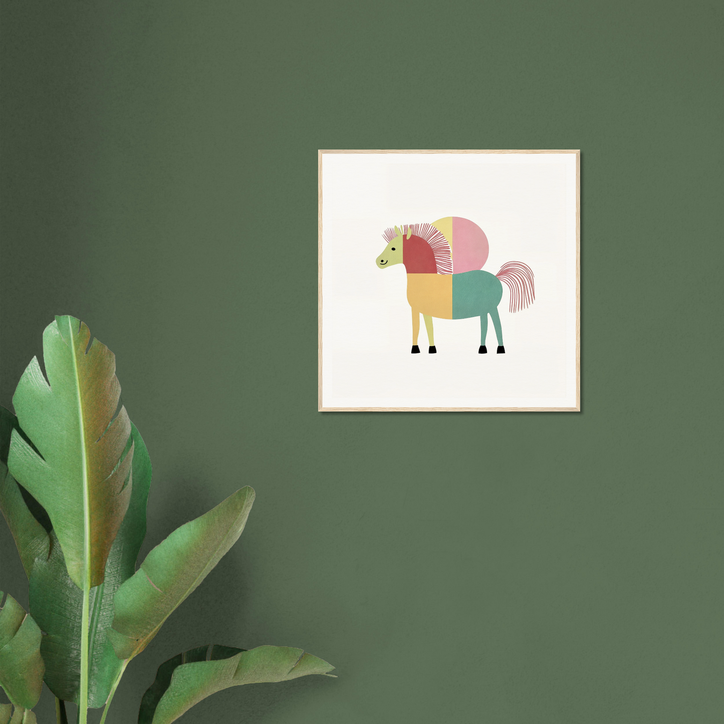 Colorful geometric horse illustration in a white frame for Equine Geometry Riot