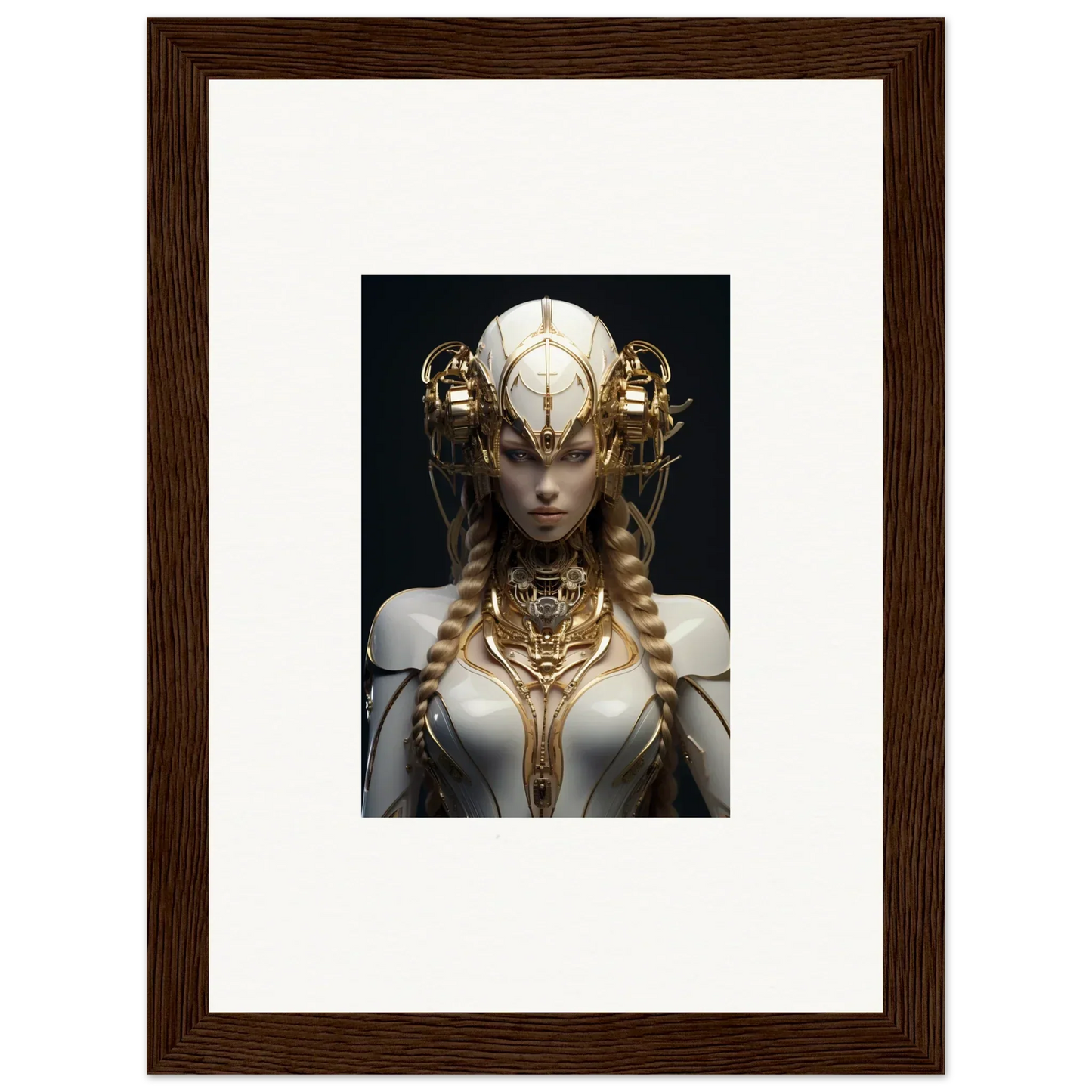 Framed wall art of a gilded cosmos female figure with elaborate headdress for room decor
