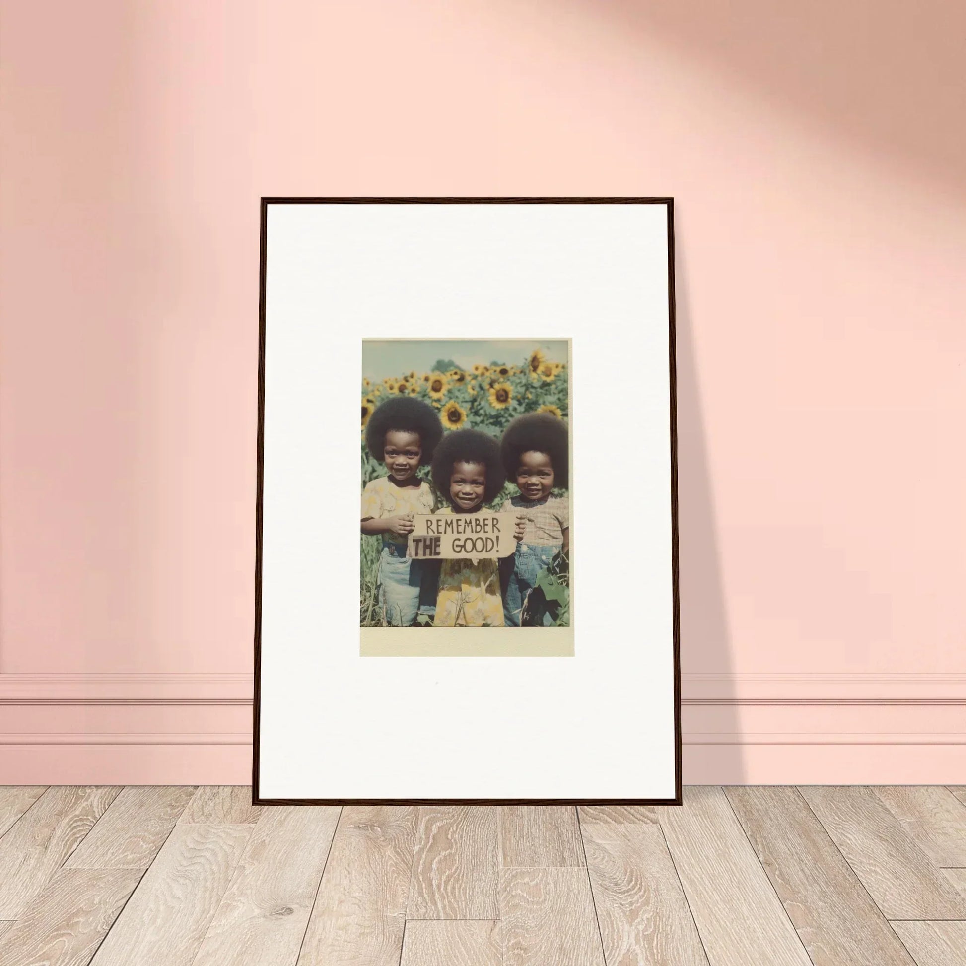 Framed canvas print of kids in a sunflower field, perfect for bloom moments and room decoration