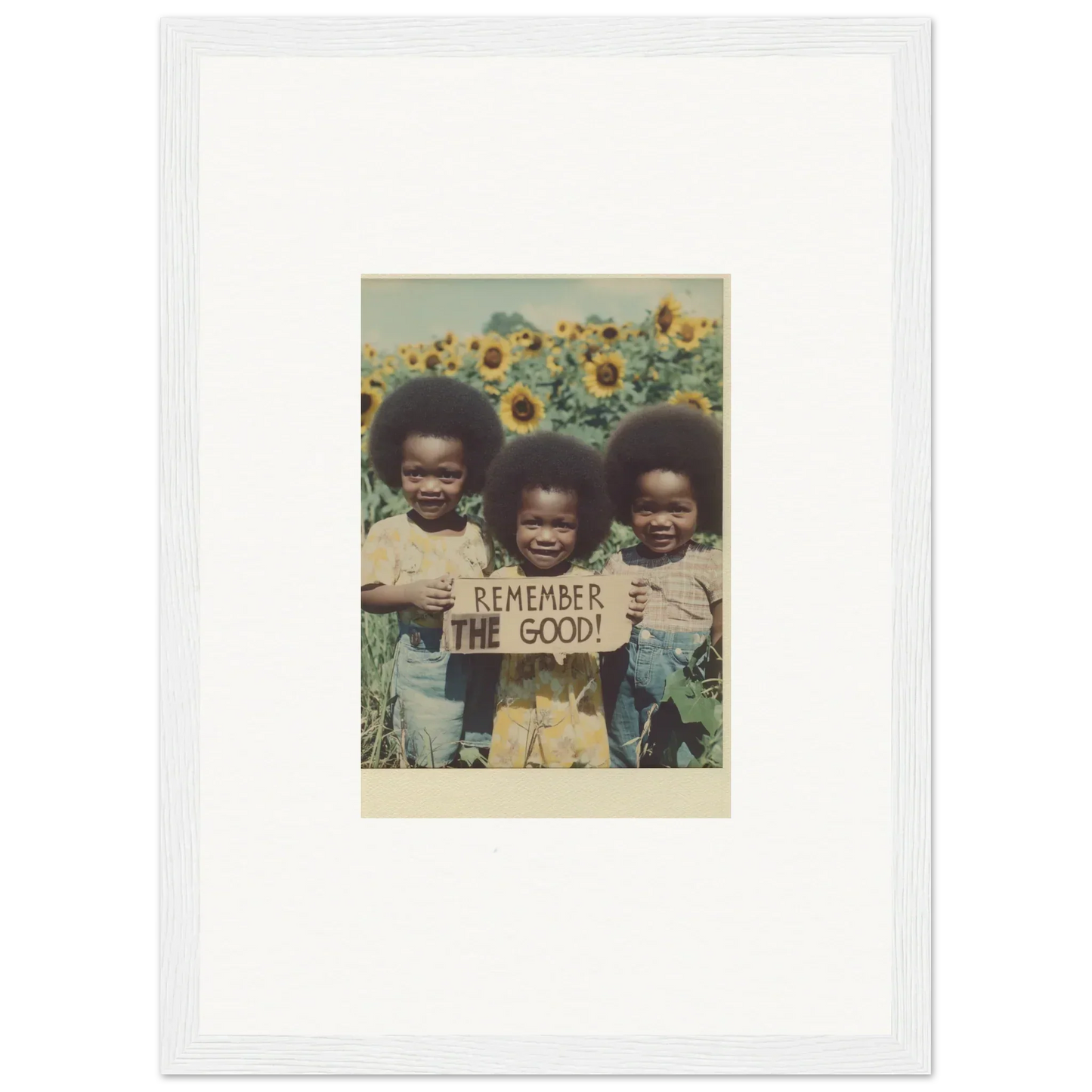 Framed vintage photo of kids in a sunflower field for bloom moments room decoration