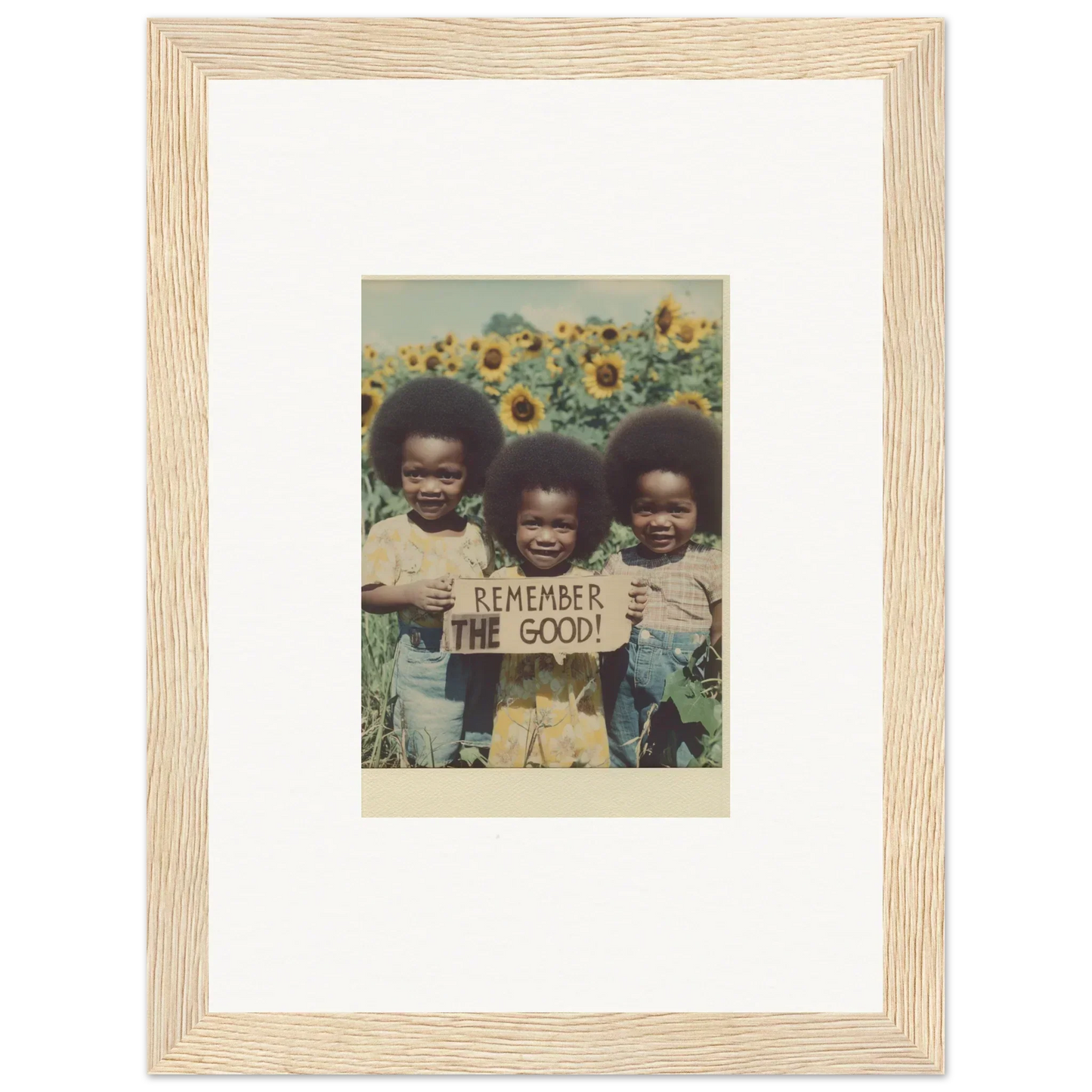 Framed photograph of kids in a sunflower field for bloom moments room decoration