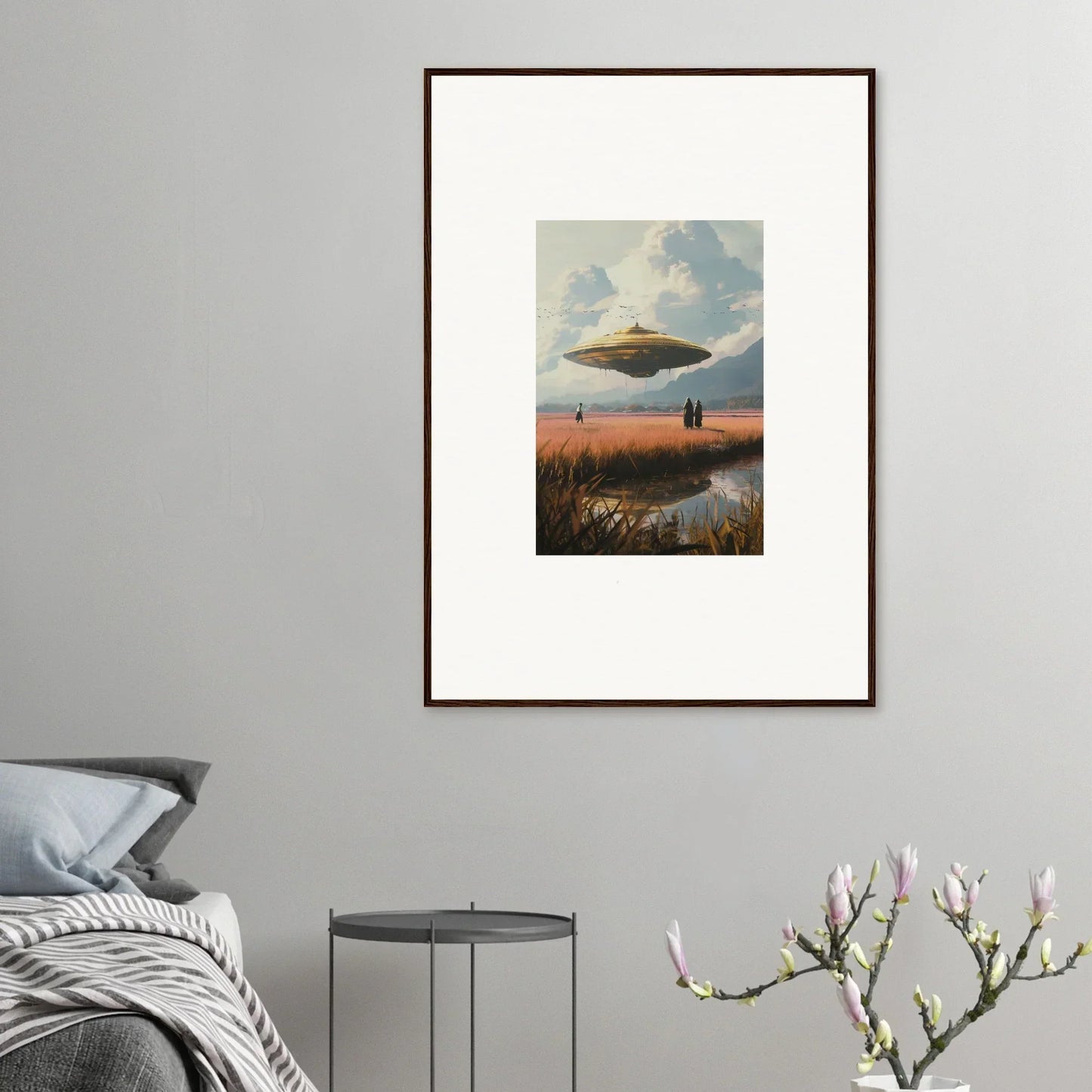 Framed canvas print of a UFO over a landscape at sunset for cool room decoration