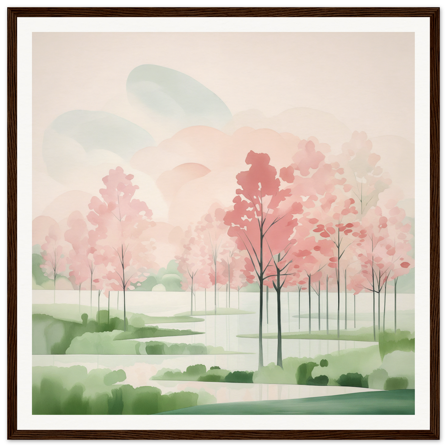 Watercolor painting of pink cherry blossom trees in Blossom Ether Reverie landscape