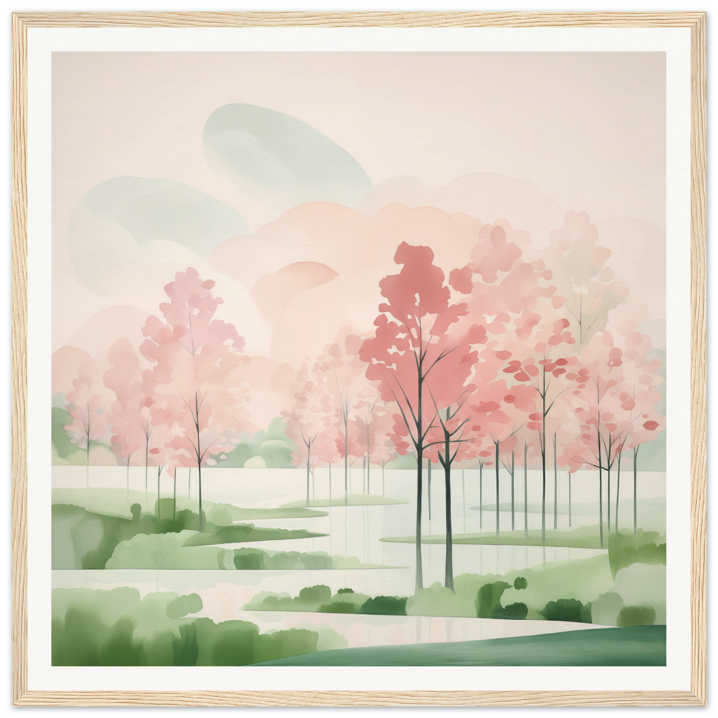 Watercolor painting of pink cherry blossoms in a misty landscape for Blossom Ether Reverie