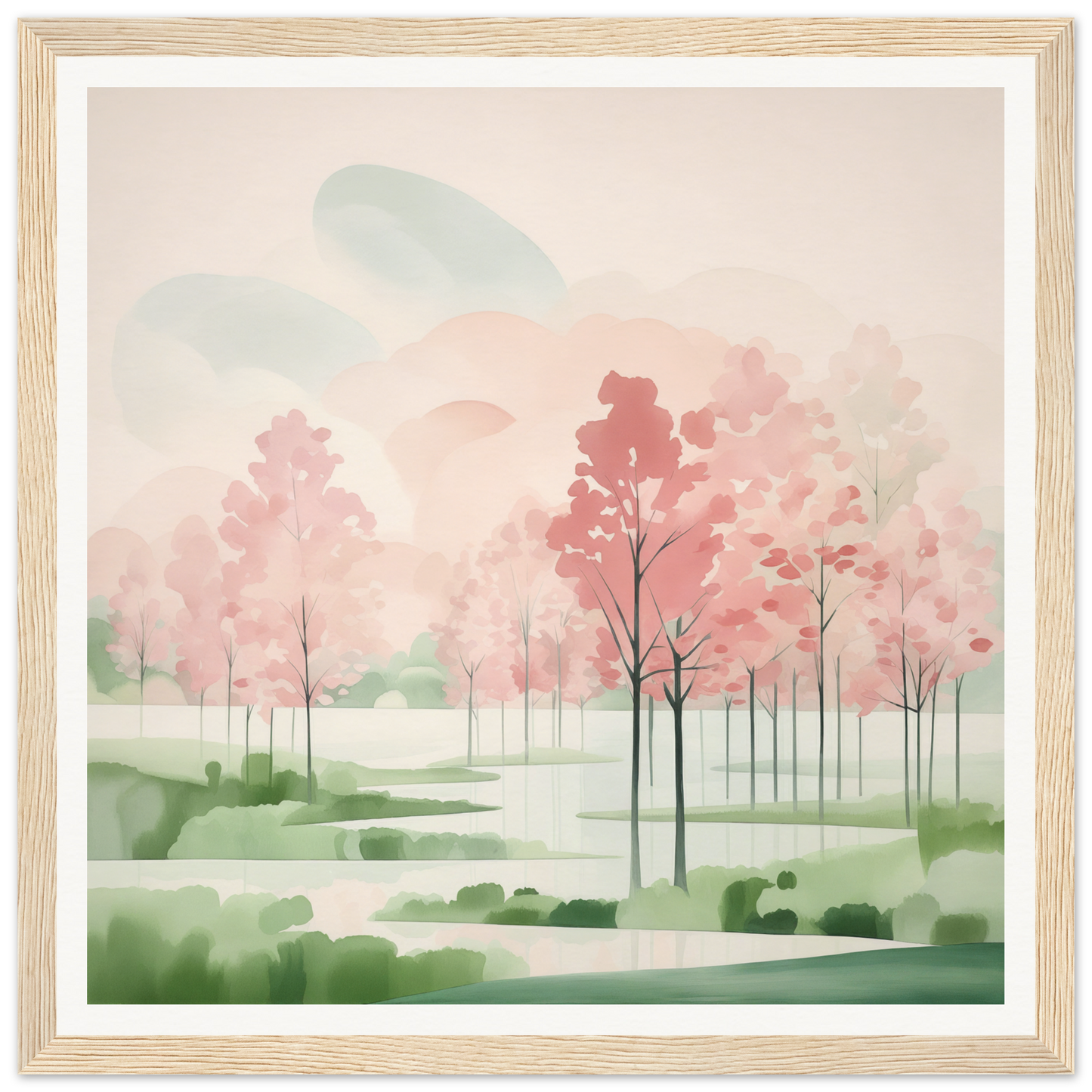 Watercolor painting of pink cherry blossoms in a misty spring landscape, Blossom Ether Reverie