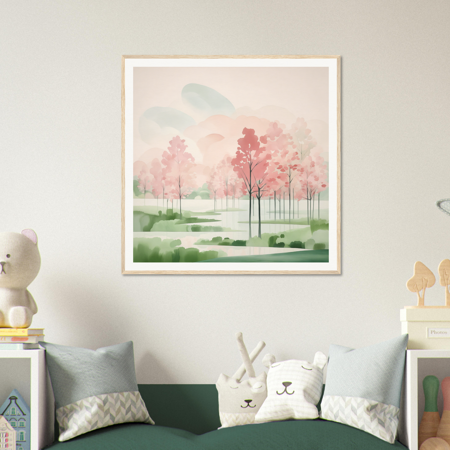 Framed watercolor of pink trees and meadows in Blossom Ether Reverie