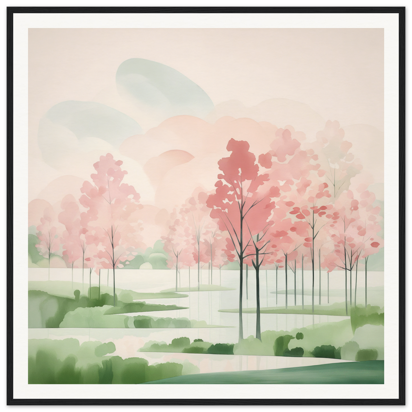 Watercolor painting of pink cherry blossoms in a misty landscape titled Blossom Ether Reverie