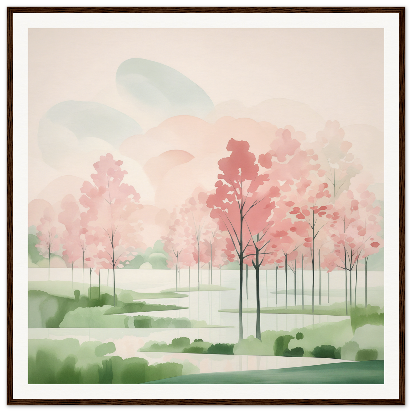 Watercolor painting of pink cherry blossoms in a misty landscape, Blossom Ether Reverie