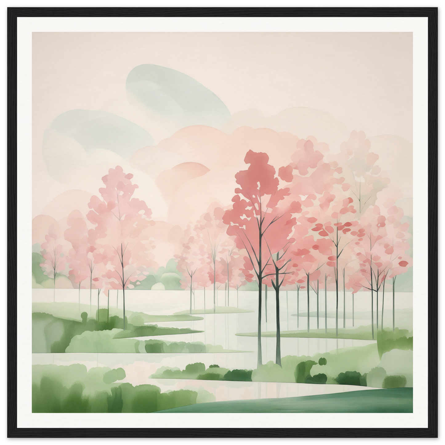 Watercolor painting of pink cherry blossoms in a spring landscape for Blossom Ether Reverie