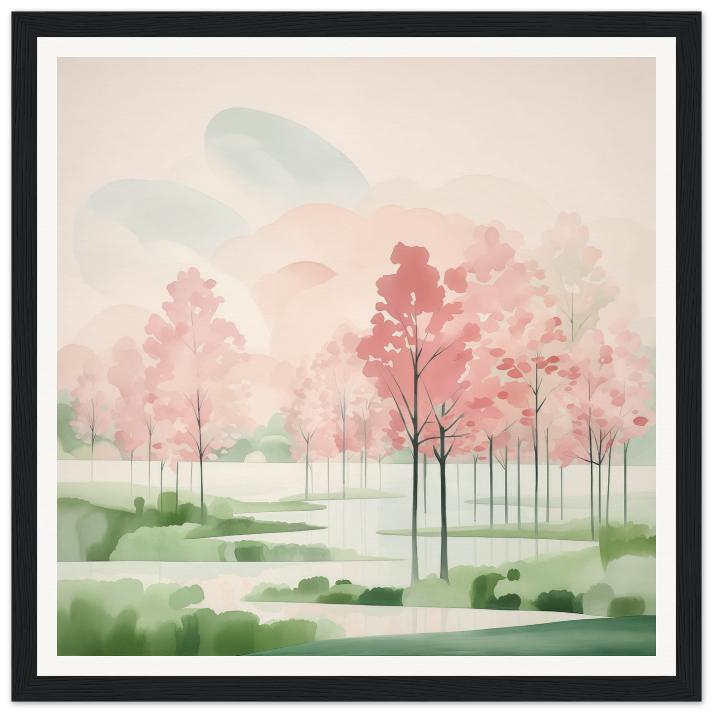 Watercolor painting of pink cherry blossoms in a spring landscape - Blossom Ether Reverie