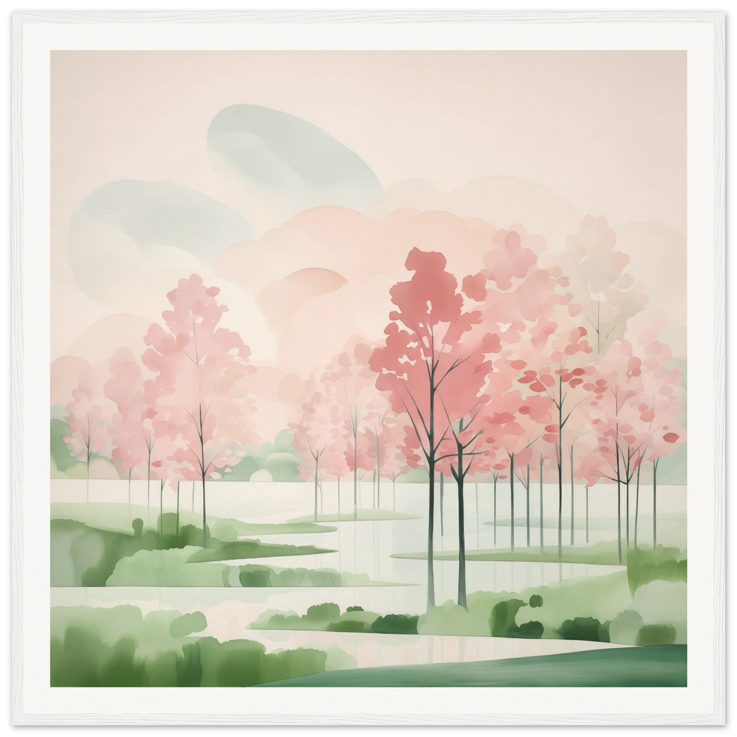 Watercolor painting of pink cherry blossoms in a misty landscape, Blossom Ether Reverie