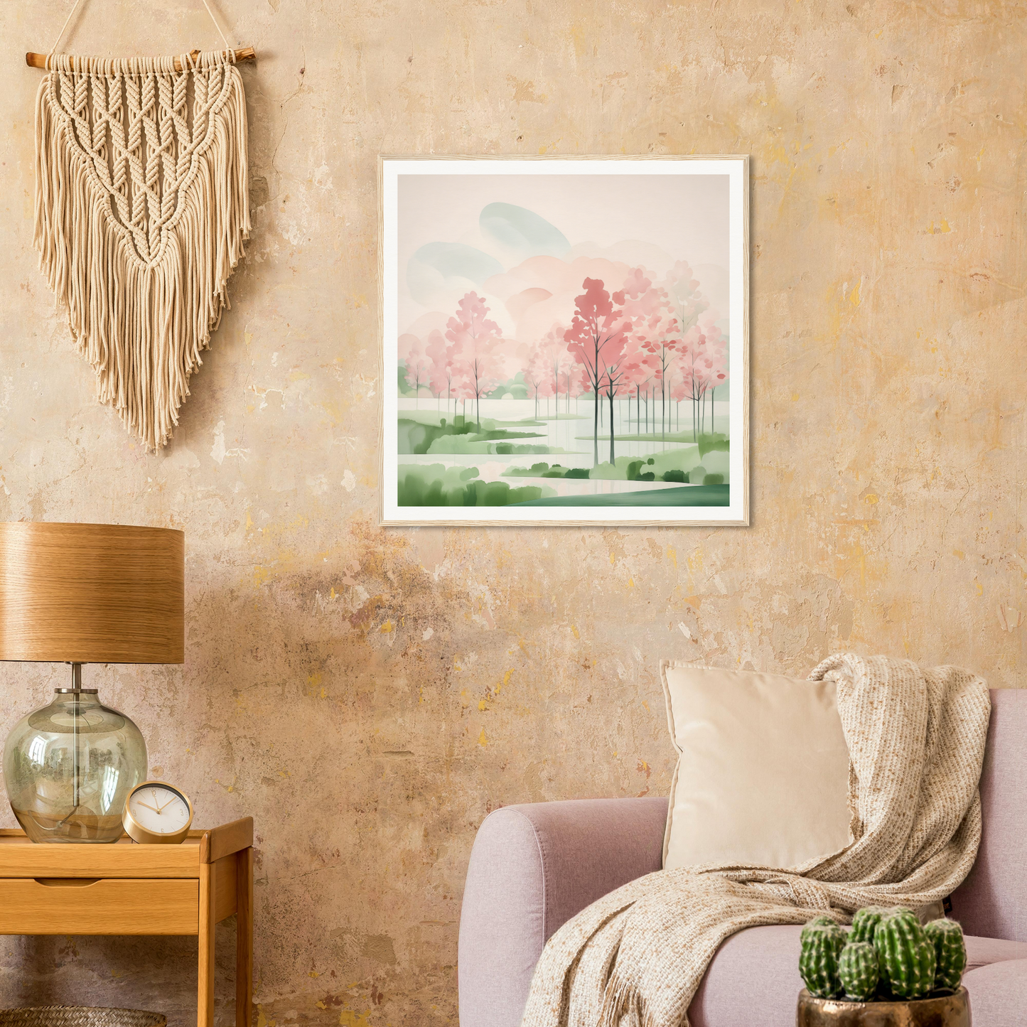 Framed watercolor painting of pink trees in misty landscape, Blossom Ether Reverie