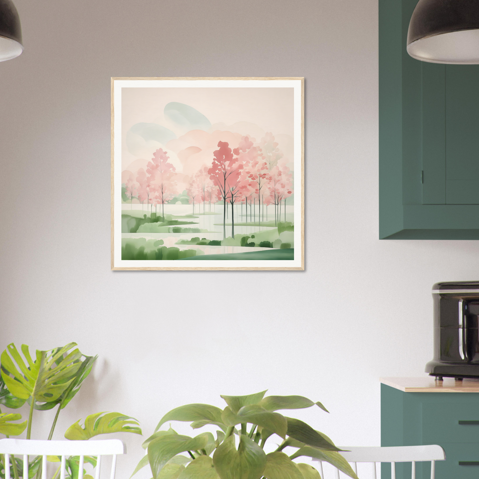 Framed watercolor painting of pink trees in a misty landscape for Blossom Ether Reverie