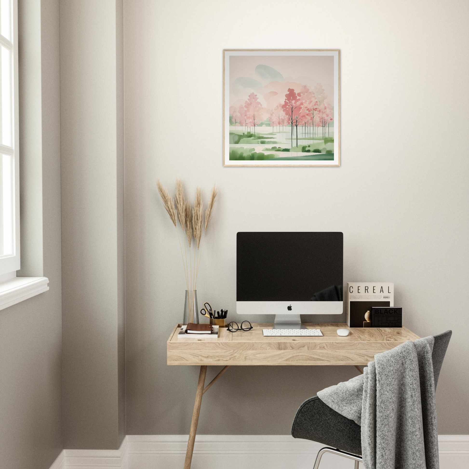 Minimalist wooden desk featuring an iMac and decor, part of Blossom Ether Reverie
