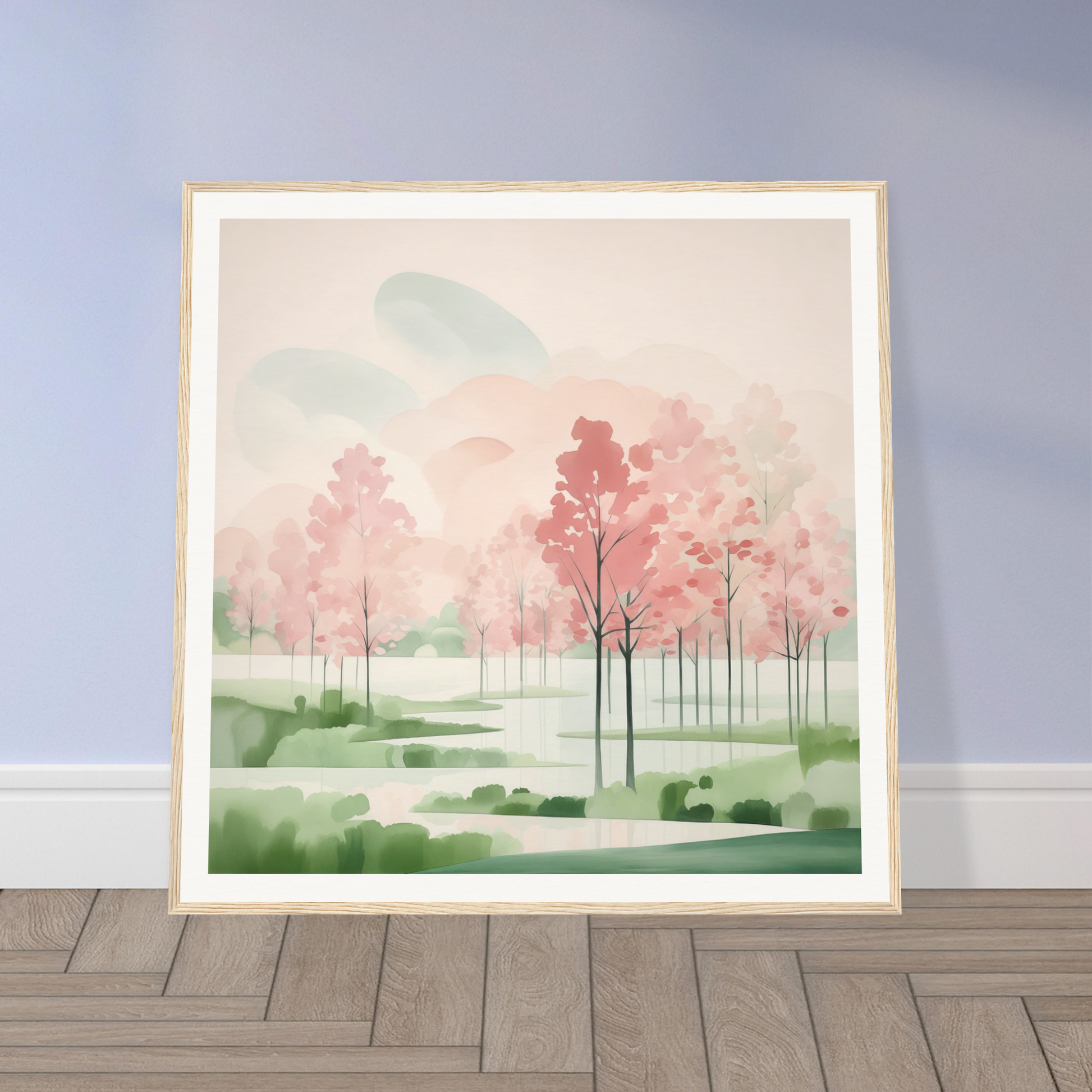 Framed watercolor of pink cherry blossoms in mist, Blossom Ether Reverie artwork