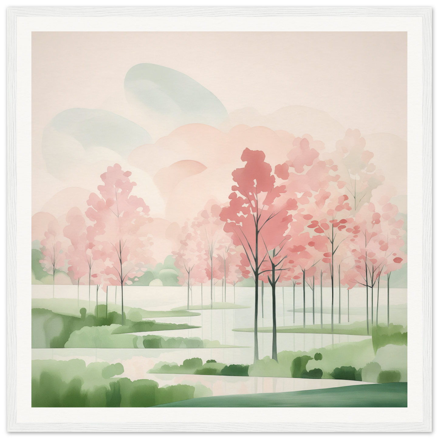 Watercolor painting of pink cherry blossoms in a misty spring landscape, Blossom Ether Reverie