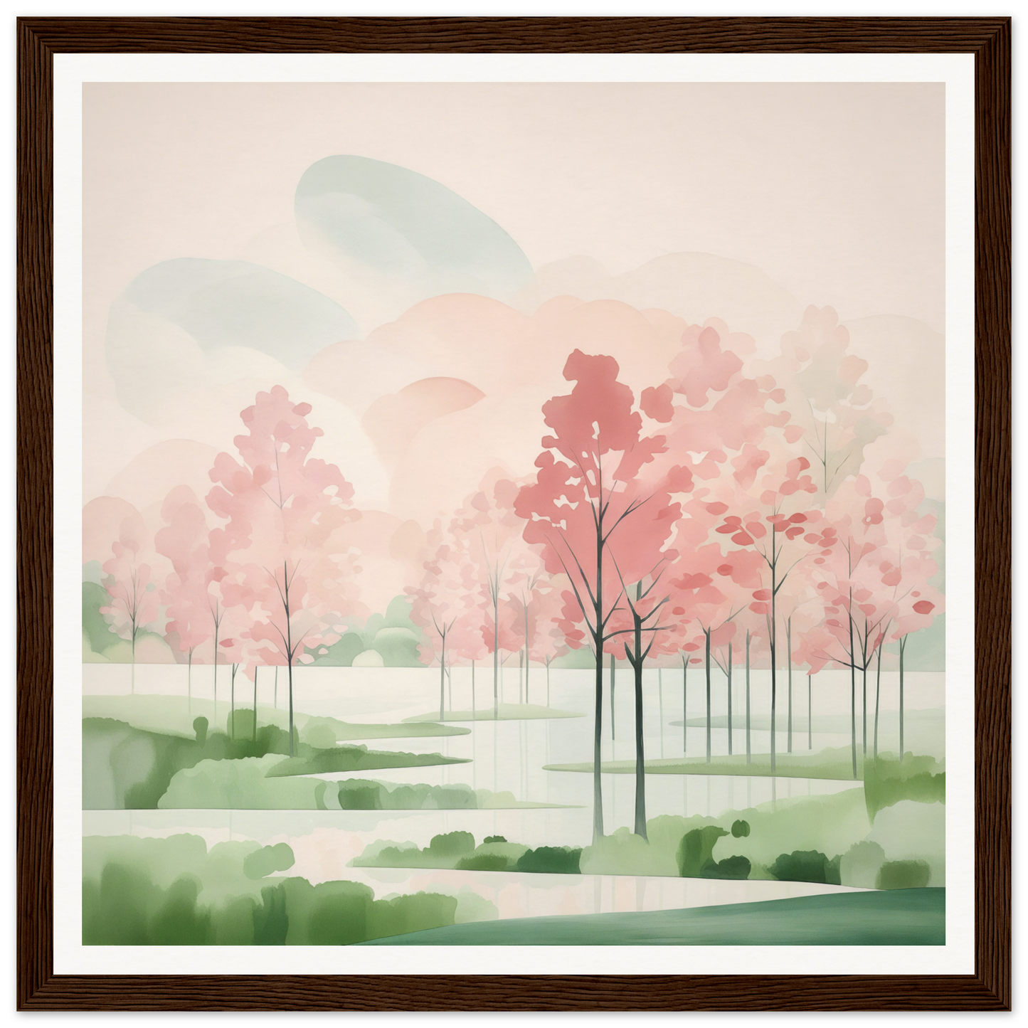 Watercolor painting of pink cherry blossom trees in a misty landscape for Blossom Ether Reverie