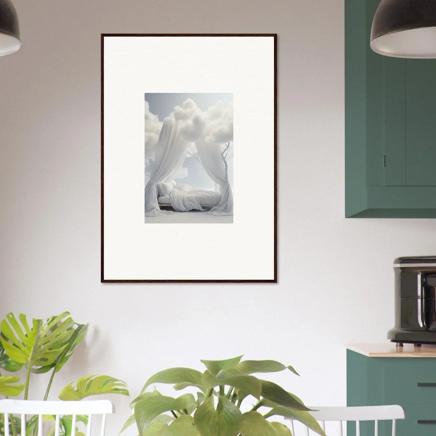 Framed black and white wall art of a nude figure in a misty setting for room decoration