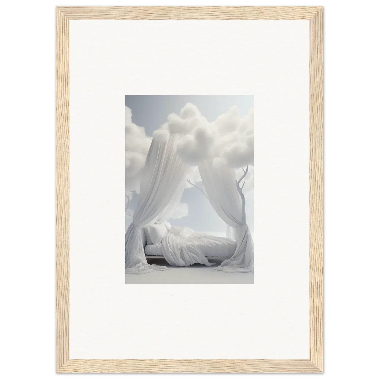 Framed photograph of draped white fabric canopy, perfect for room decoration or wall art
