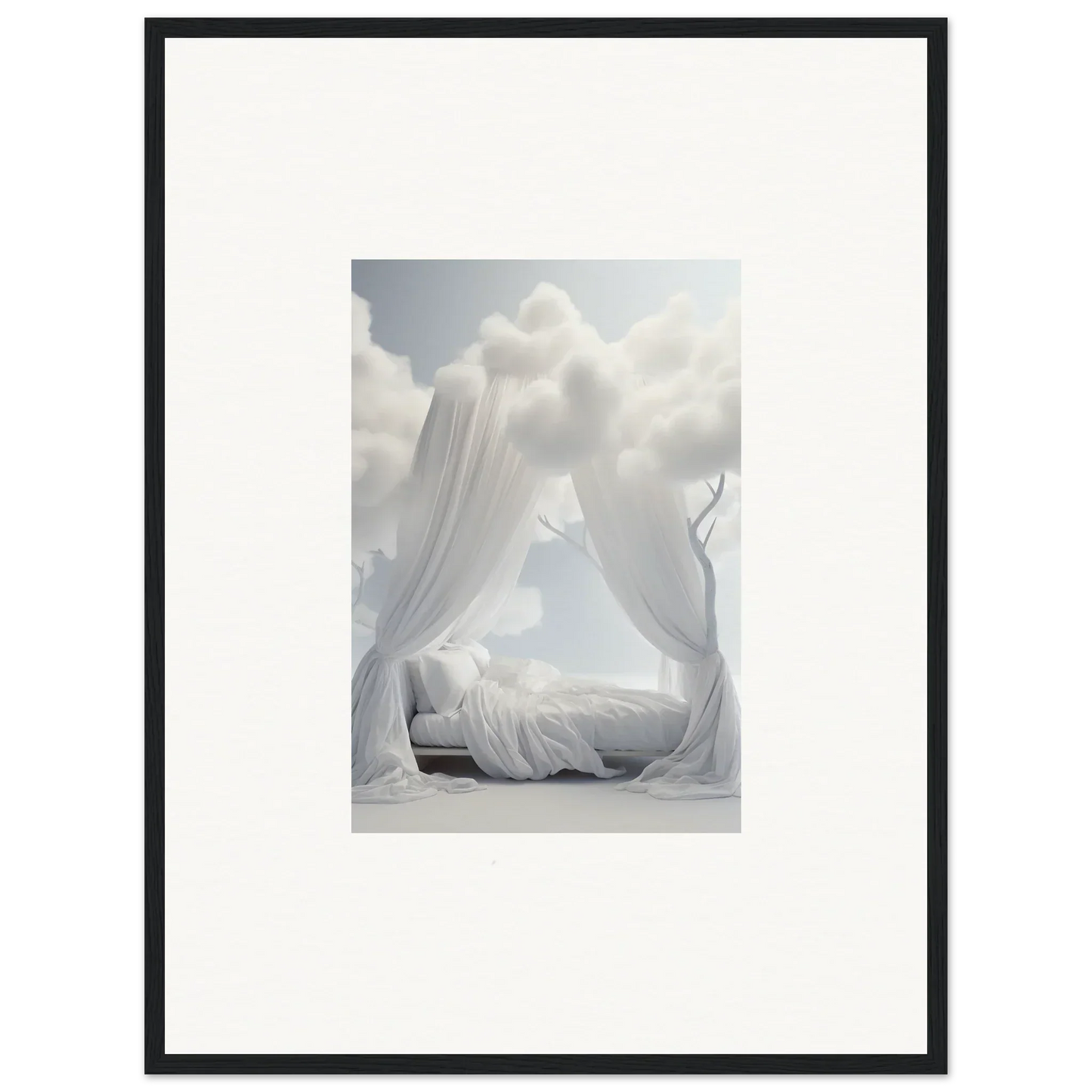 Ethereal Canopy bed with white curtains perfect for room decoration and dreamy wall art