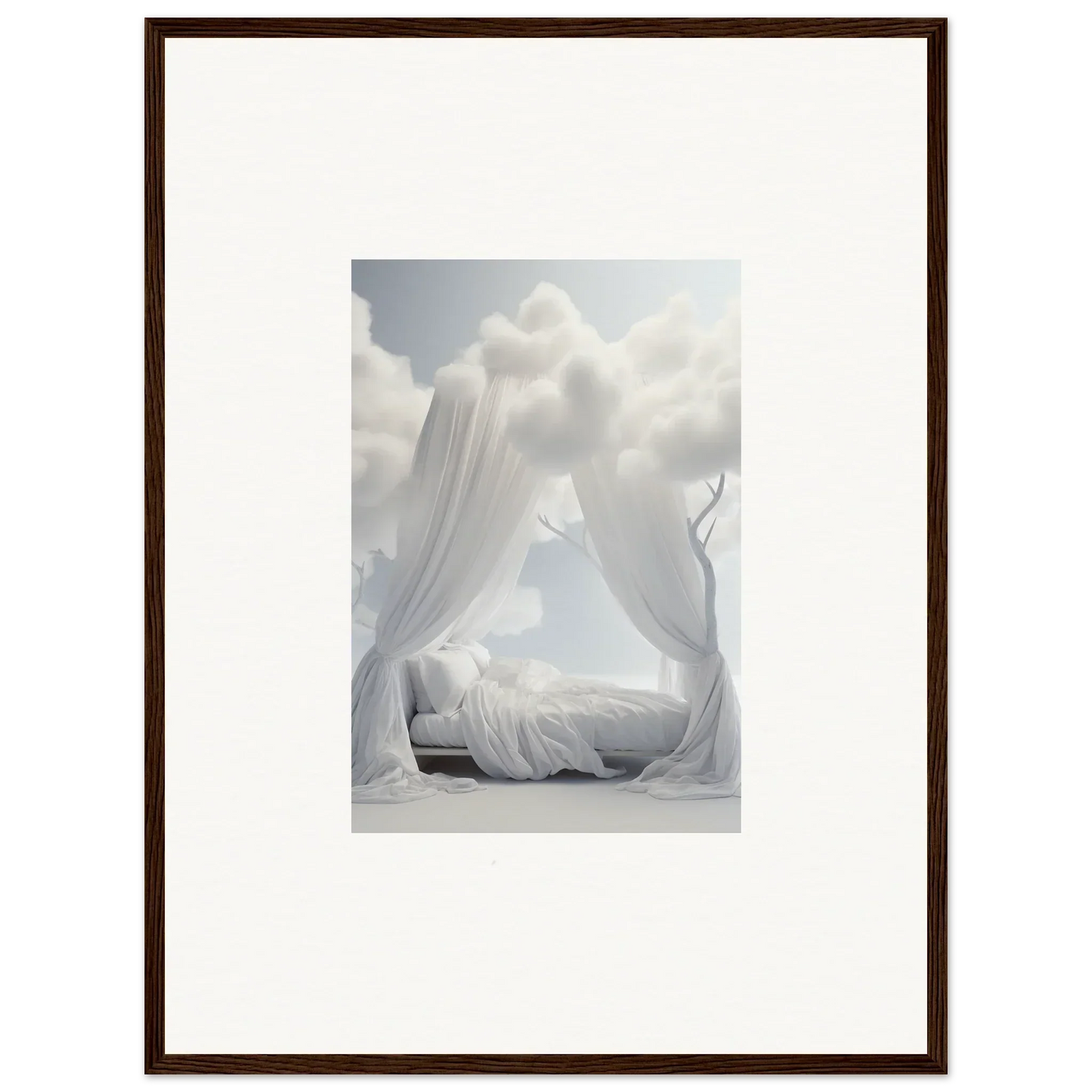 Ethereal Canopy bed with white curtains, perfect for dreamy room decoration or wall art