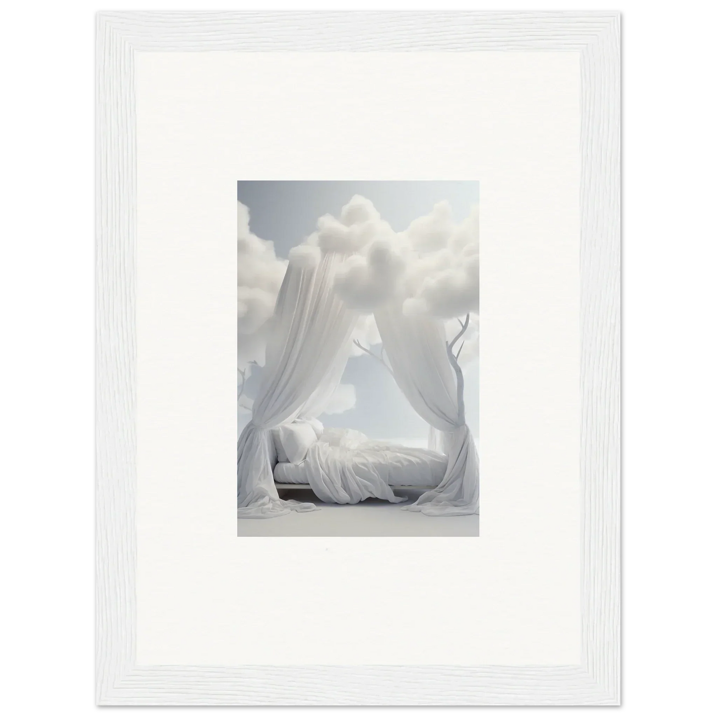 Framed Ethereal Canopy wall art with a bed and flowing white curtains for room decoration