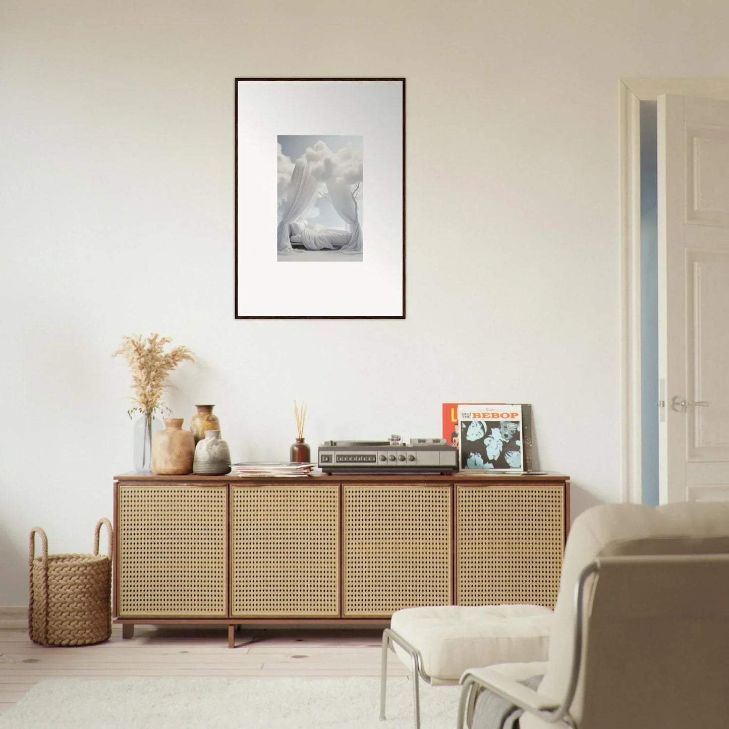 Wooden sideboard with cane-webbed doors for stylish room decoration with decorative items