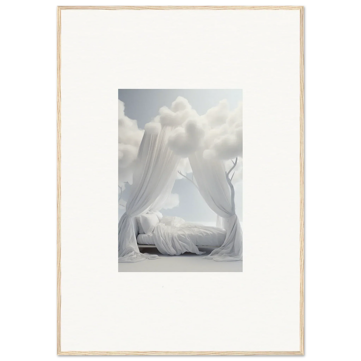Ethereal Canopy bed draped in white fabric, perfect for dreamy room decoration