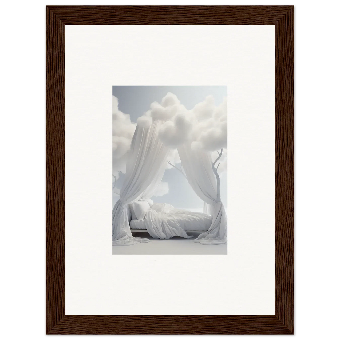 Framed photograph of a white canopy bed enhancing room decoration with billowing fabric