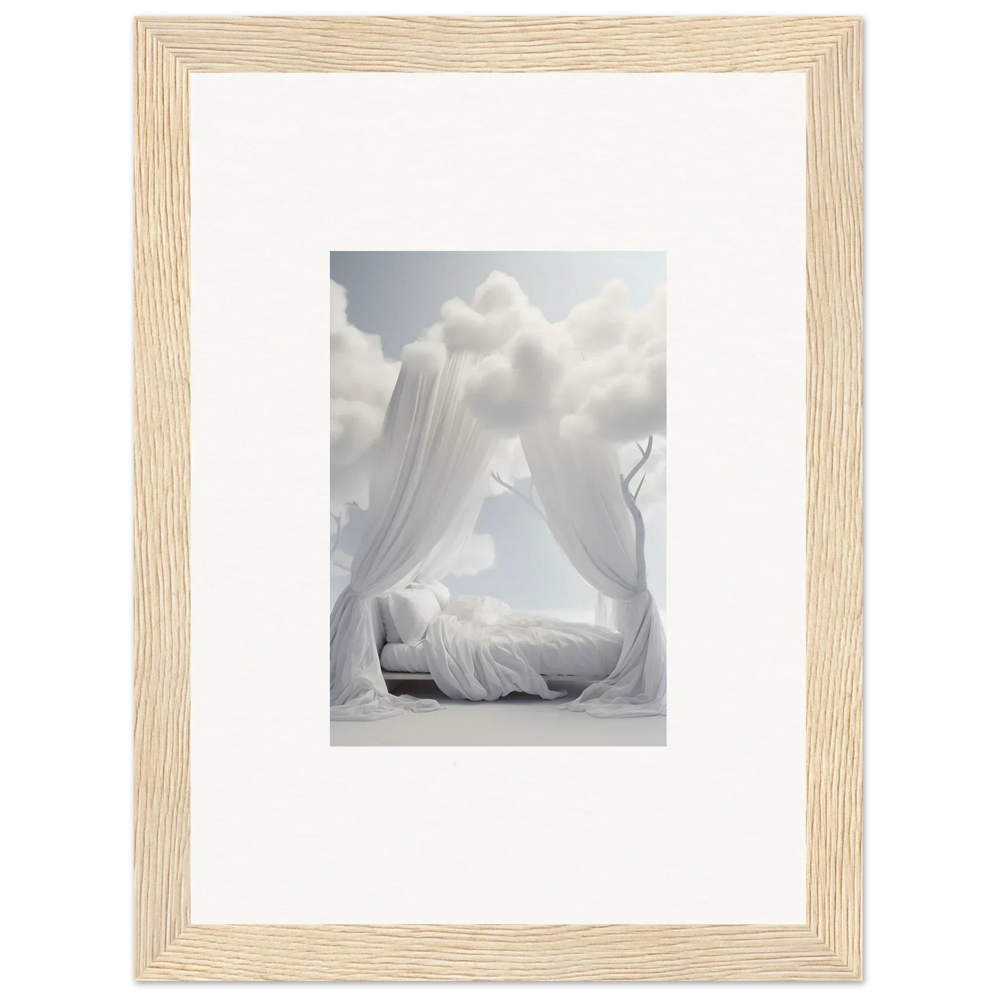 Framed Ethereal Canopy photograph for dreamy room decoration with billowing white curtains