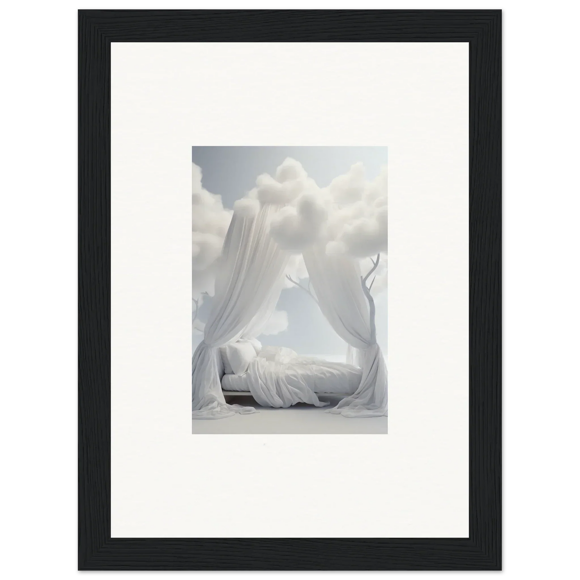 Framed Ethereal Canopy print of a white bed with flowing fabric for dreamy room decoration