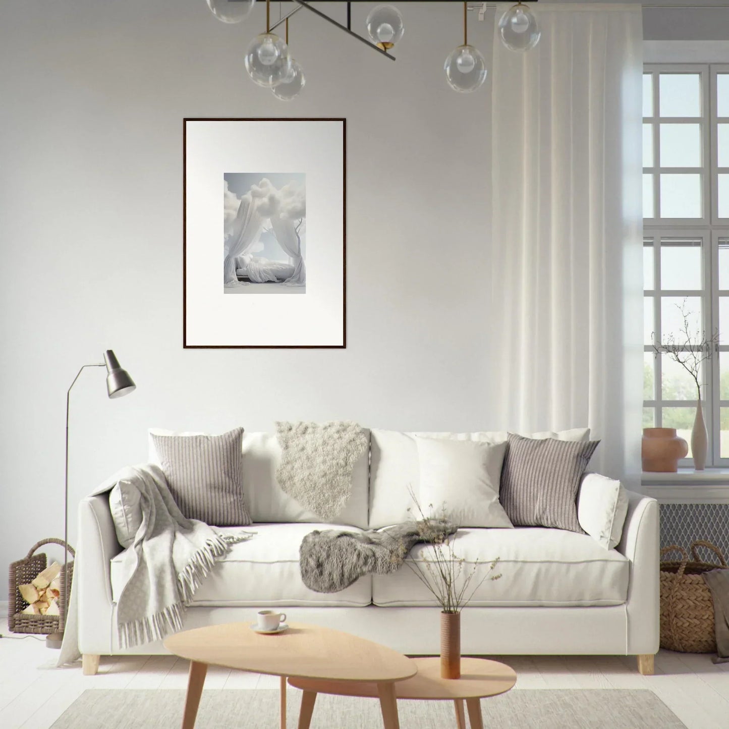 Cozy Ethereal Canopy white sofa with pillows, perfect for room decoration and wall art