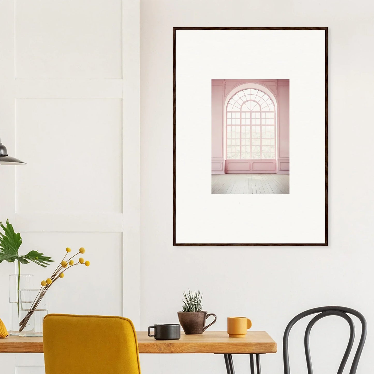 Framed art print of a pink arched window from Ethereal Dawn Beckons special edition art™