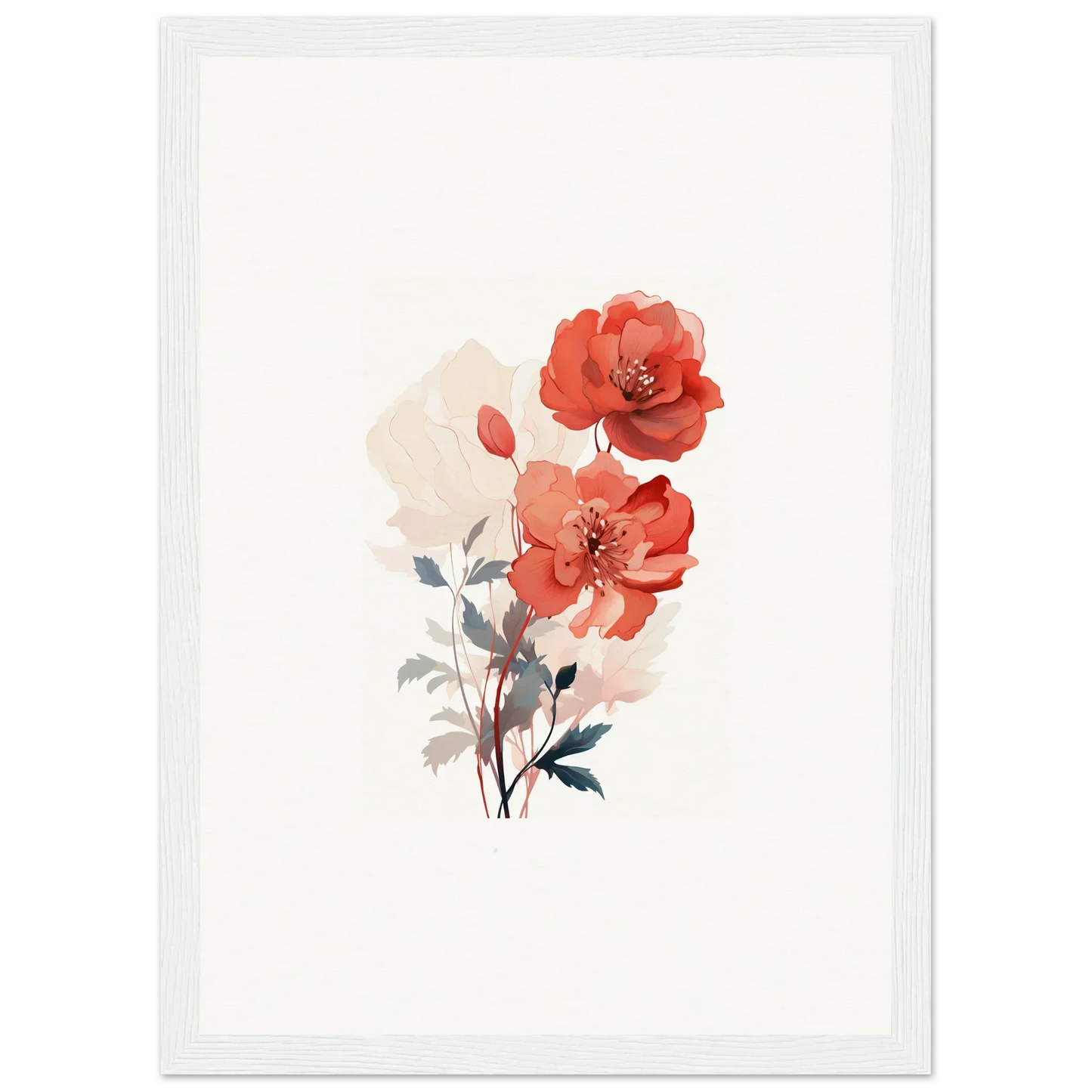 Delicate watercolor red roses and green leaves for a dreamy canvas print in room decoration