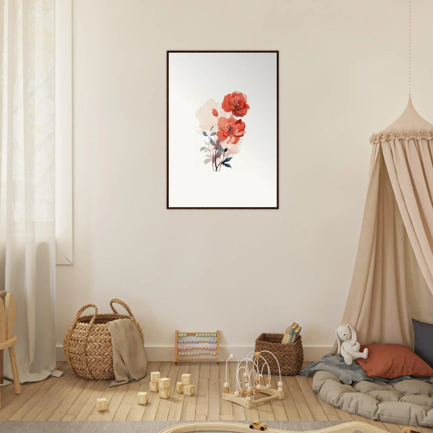 Framed canvas print of Ethereal Dreamscape Flora with red and pink flowers for room decoration