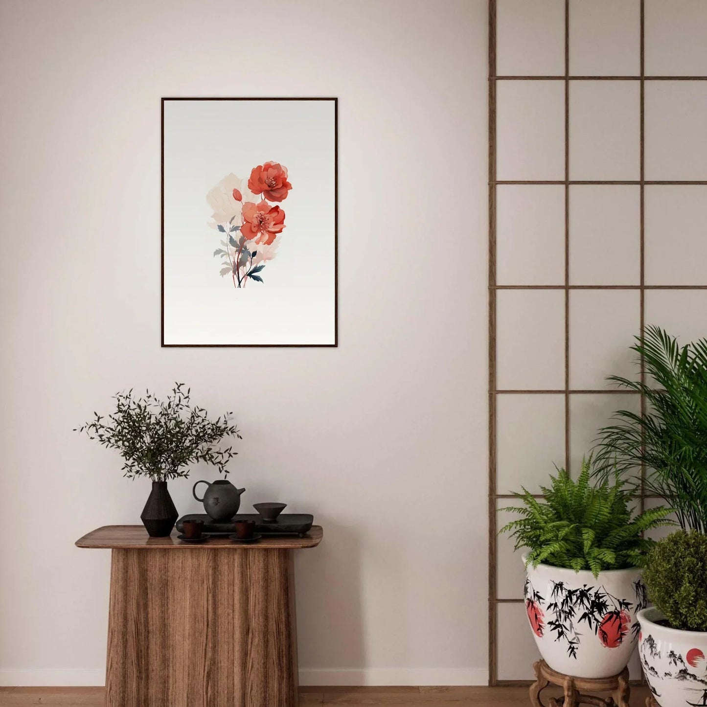 Framed watercolor painting of red and white poppies for dreamy room decoration