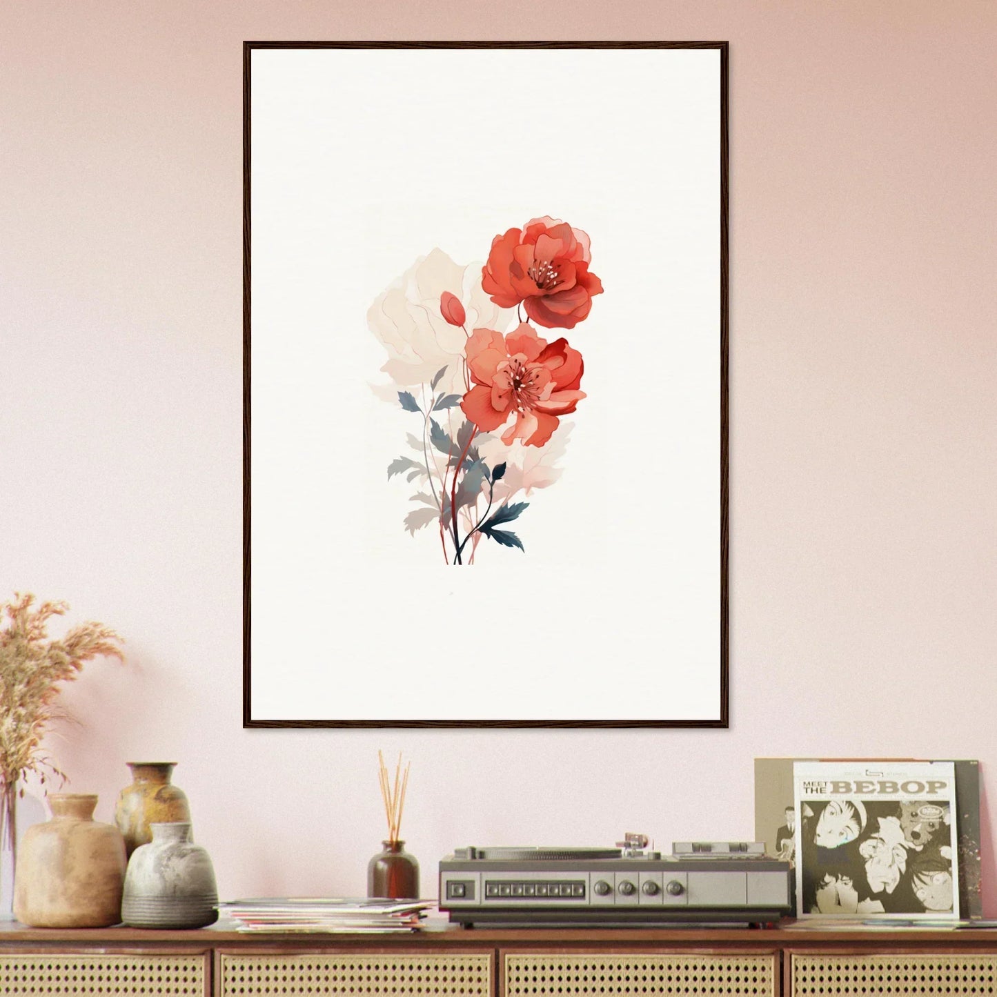Framed watercolor painting of red and white poppies for dreamscape flora room decoration