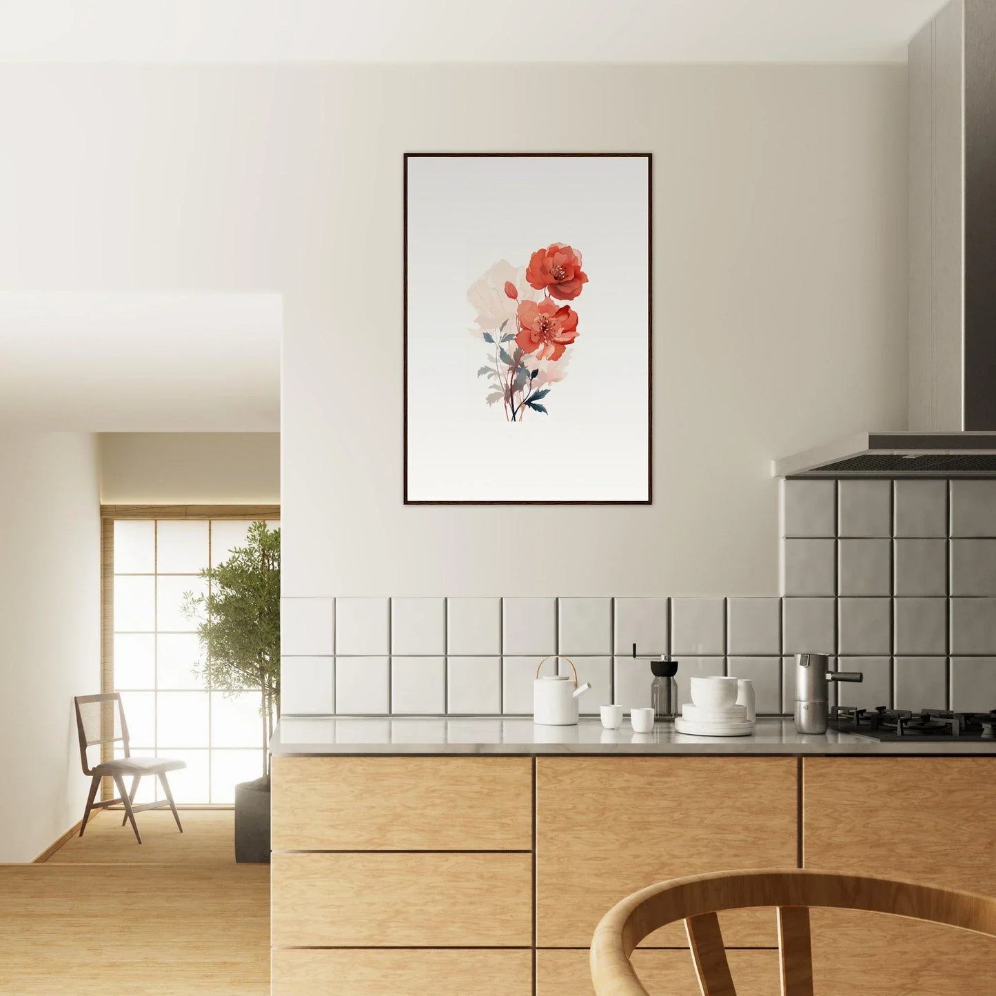 Framed watercolor painting of red poppies for dreamy room decoration and canvas print