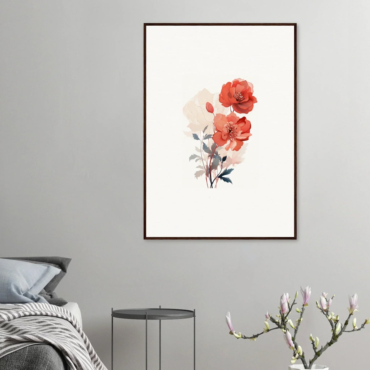Framed watercolor painting of red poppies for dreamy room decoration or canvas print