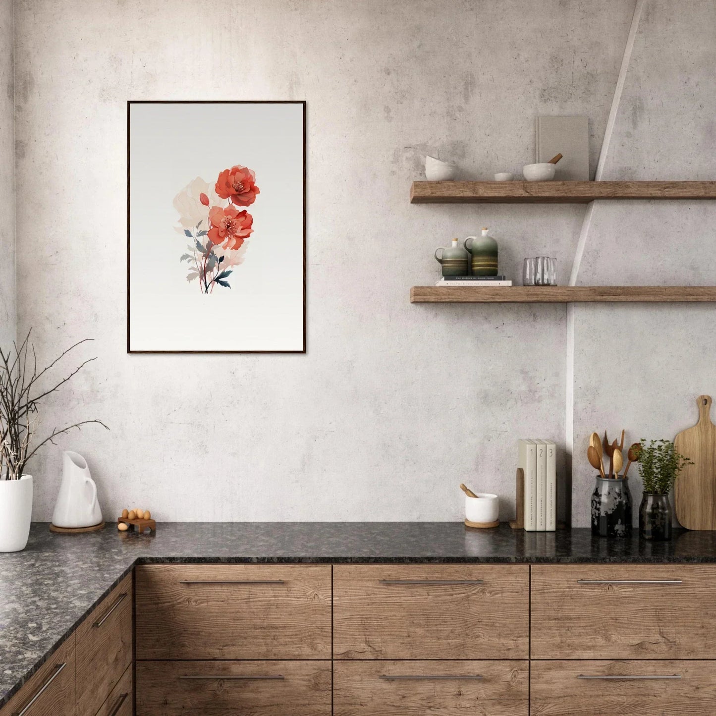 Stylish kitchen with wooden cabinets and dreamscape flora canvas print decor