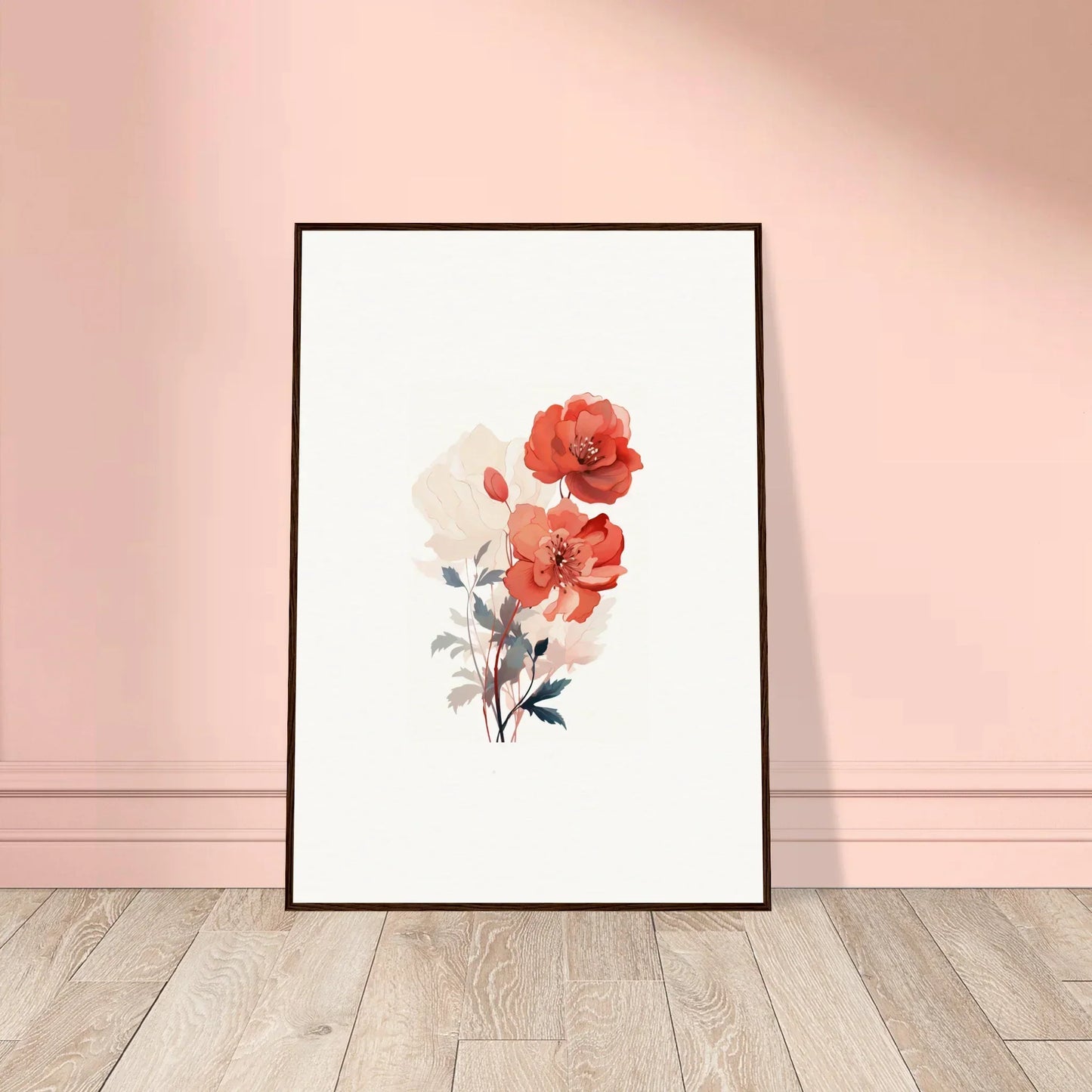 Framed watercolor of red and white poppies for dreamy room decoration or canvas print