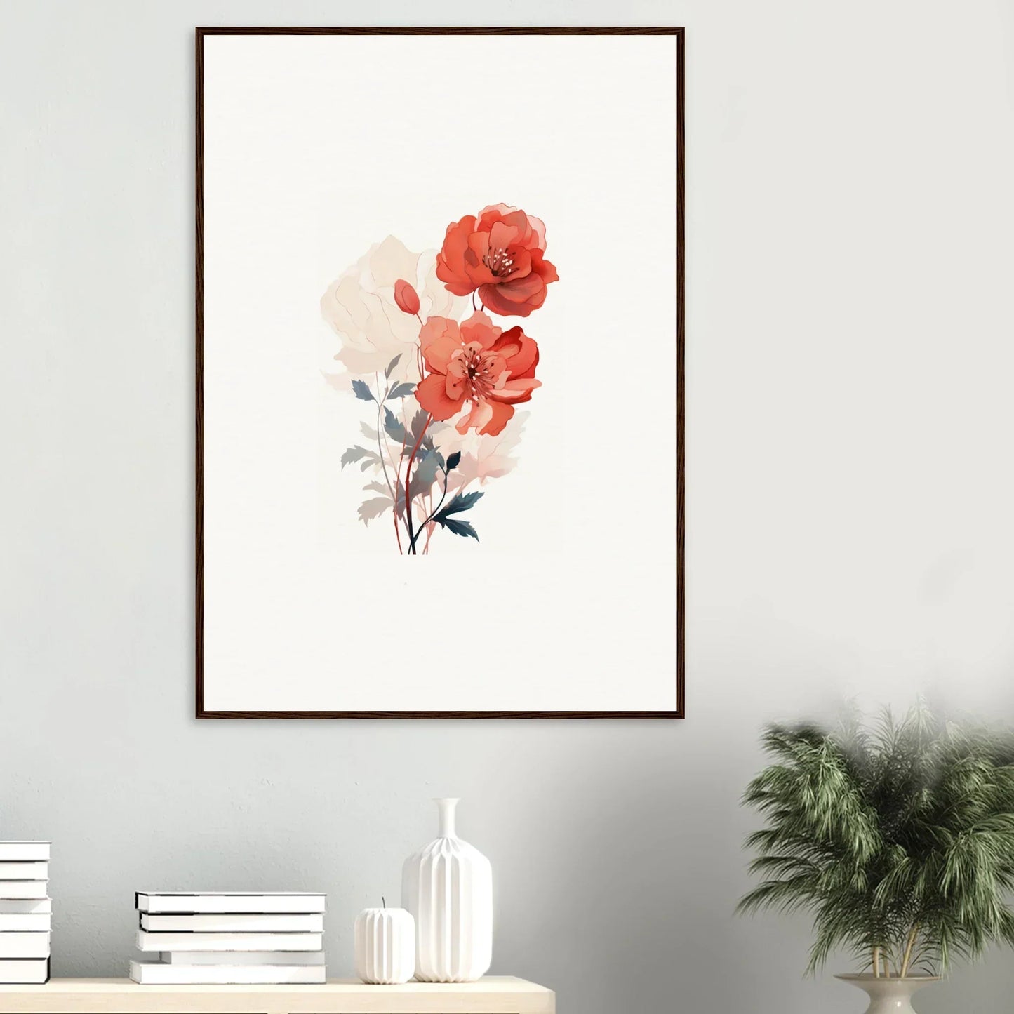 Framed watercolor painting of red poppies, perfect for dreamscape flora room decoration
