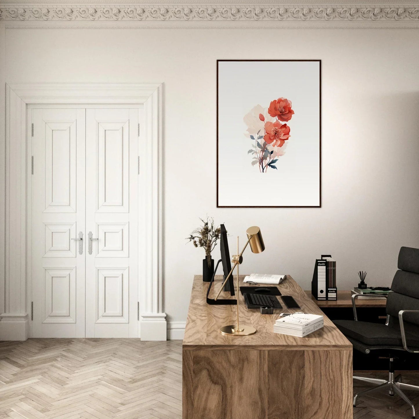 Elegant home office with wooden desk and Ethereal Dreamscape Flora canvas print