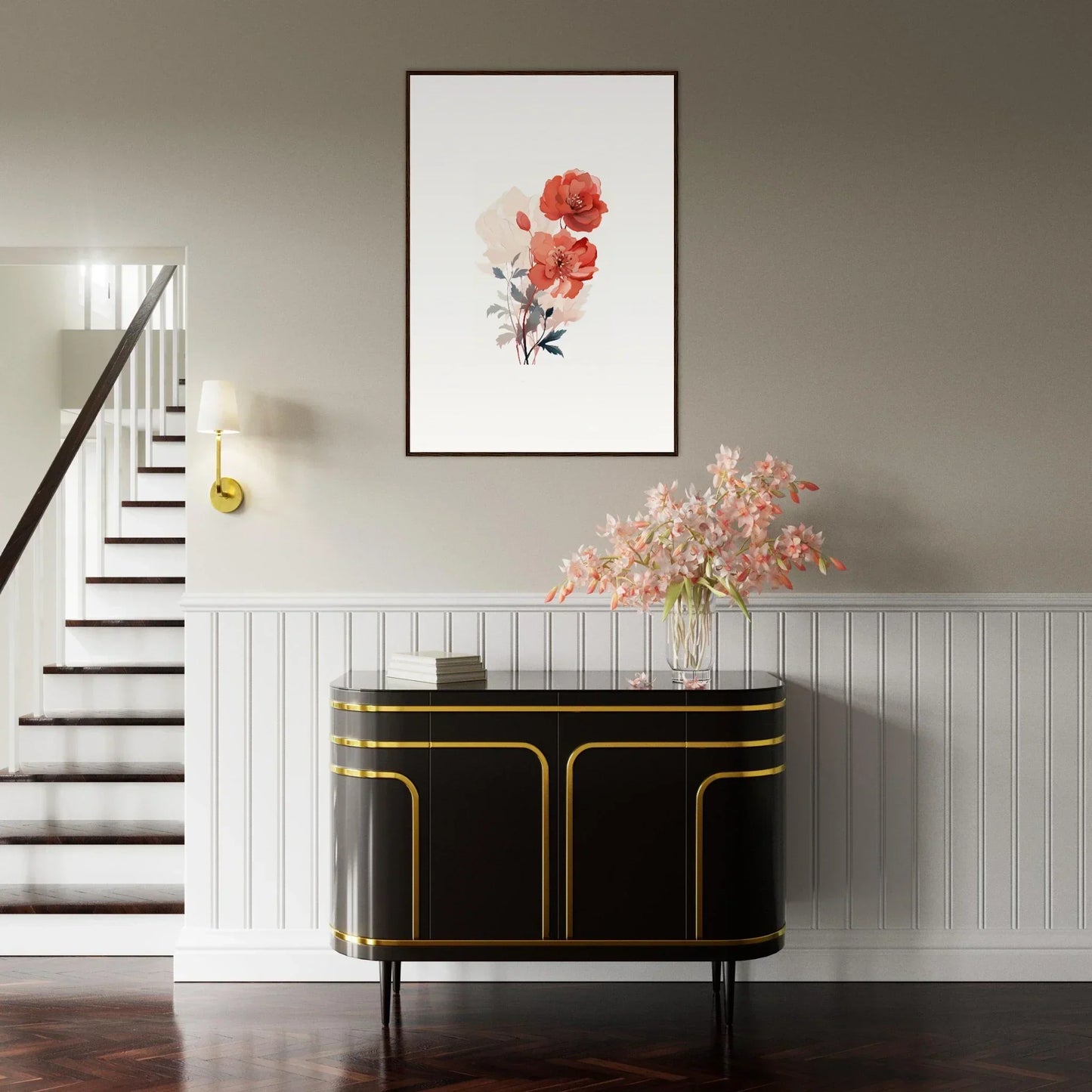 Elegant black sideboard with gold trim for stylish room decoration and Dreamscape Flora vibes
