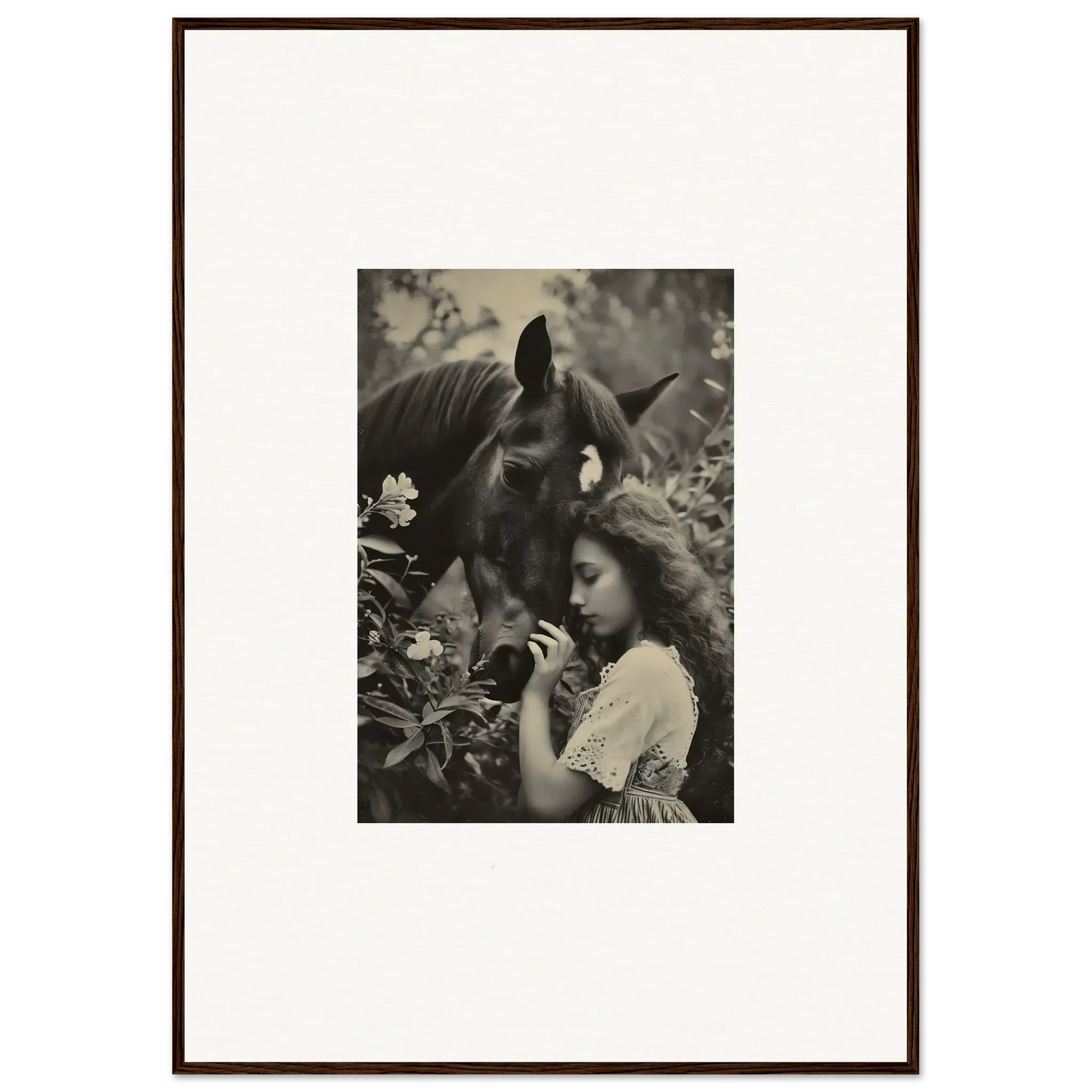 Framed black and white photo of a girl and horse, perfect for your Equinox Whispers room decoration