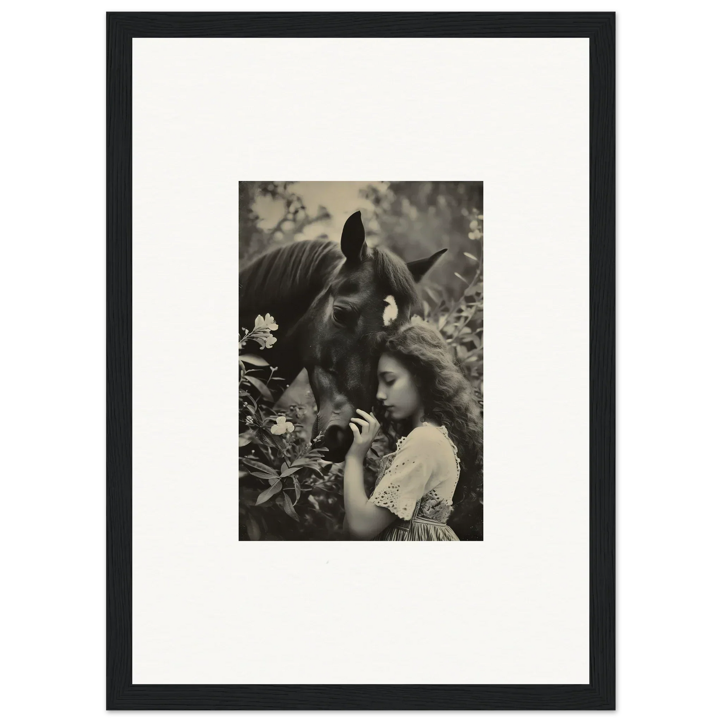 Black and white photo of a girl with a horse, perfect for Equinox Whispers decor