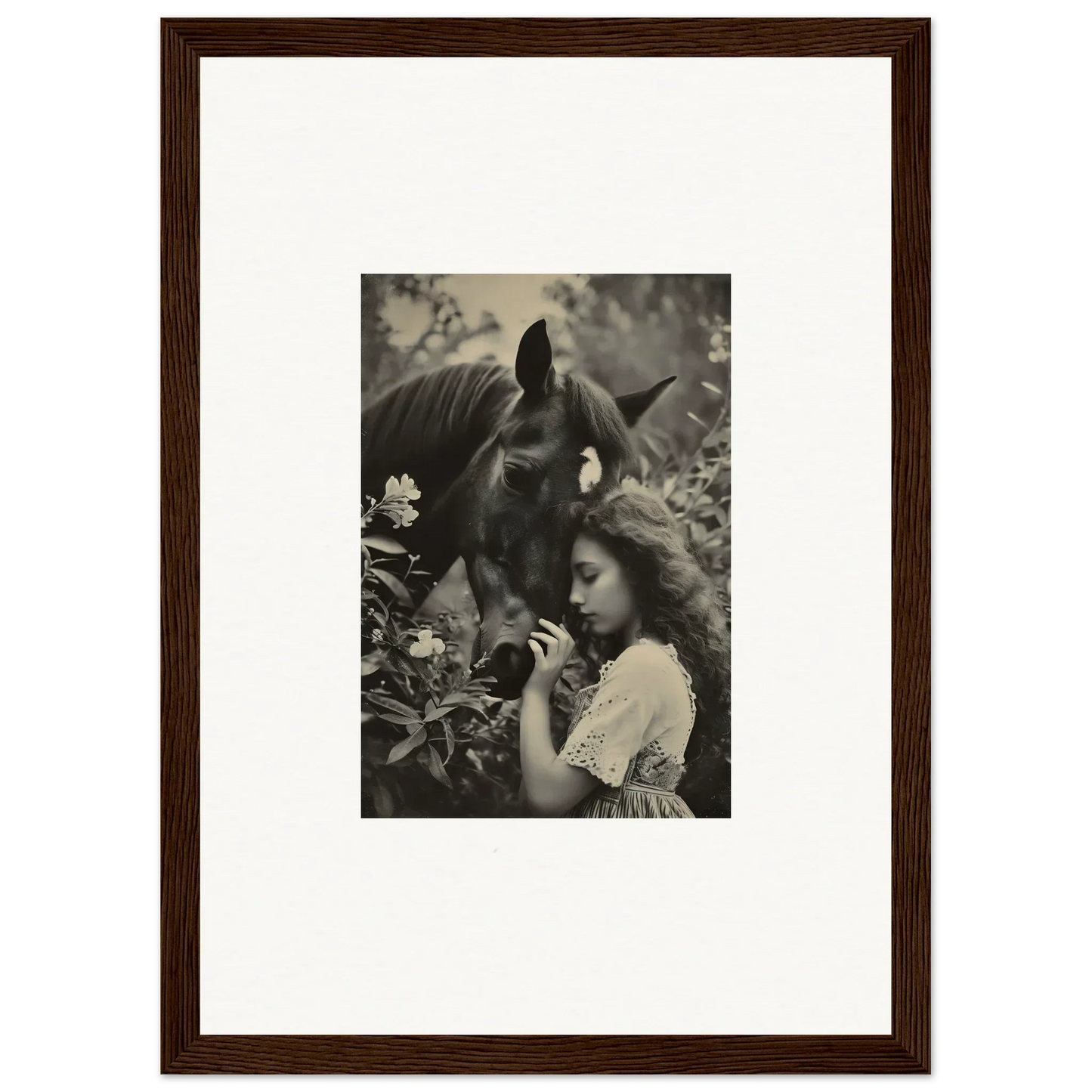 Framed black and white canvas print of a girl with a horse for unique room decoration