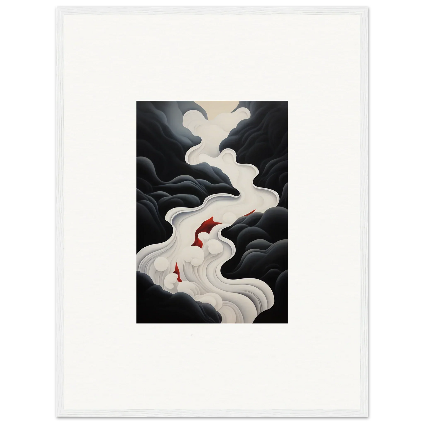 Two red koi fish swim through white mist in Ethereal Flux Dream framed wall art