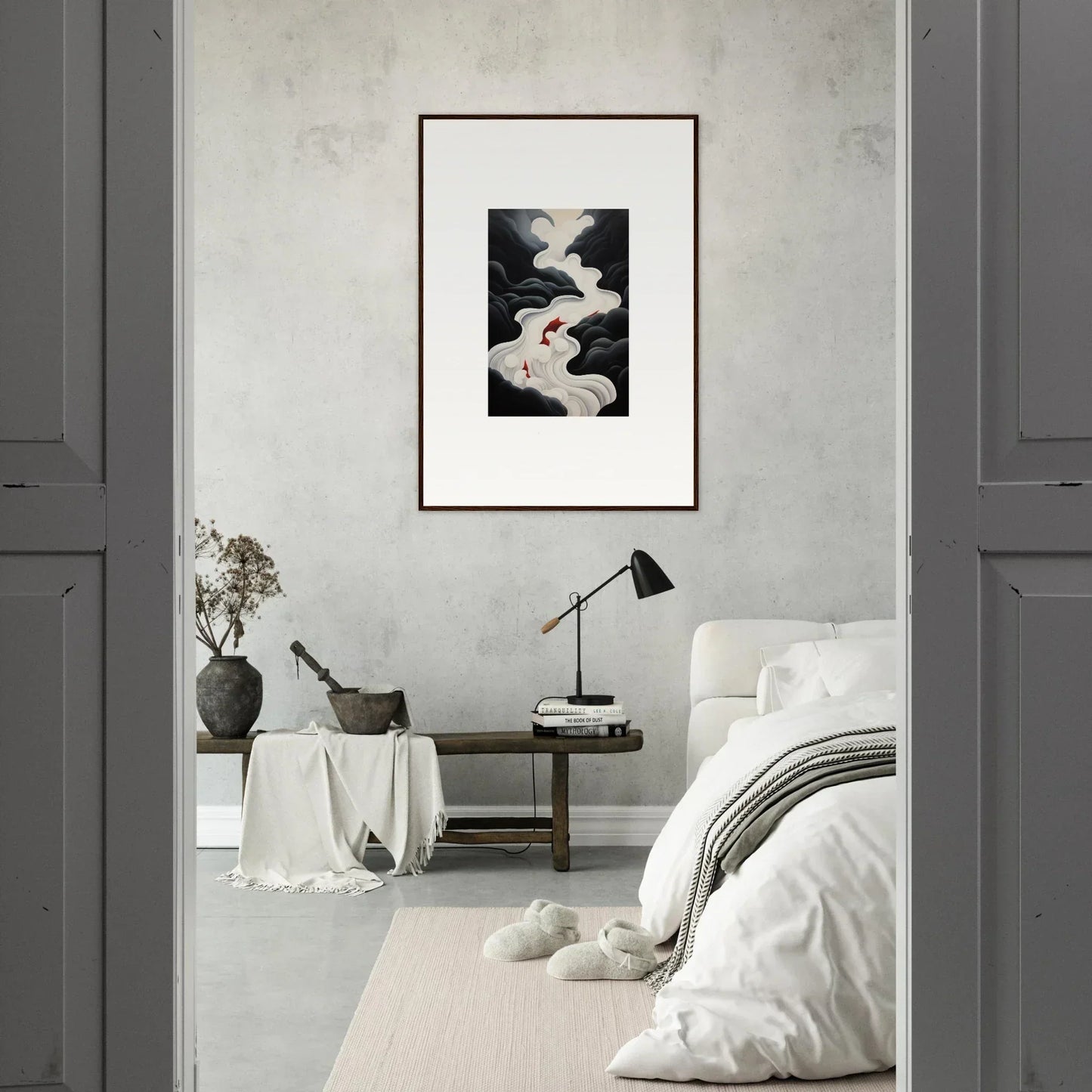 Monochromatic bedroom showcasing Ethereal Flux Dream framed wall art as the focal point