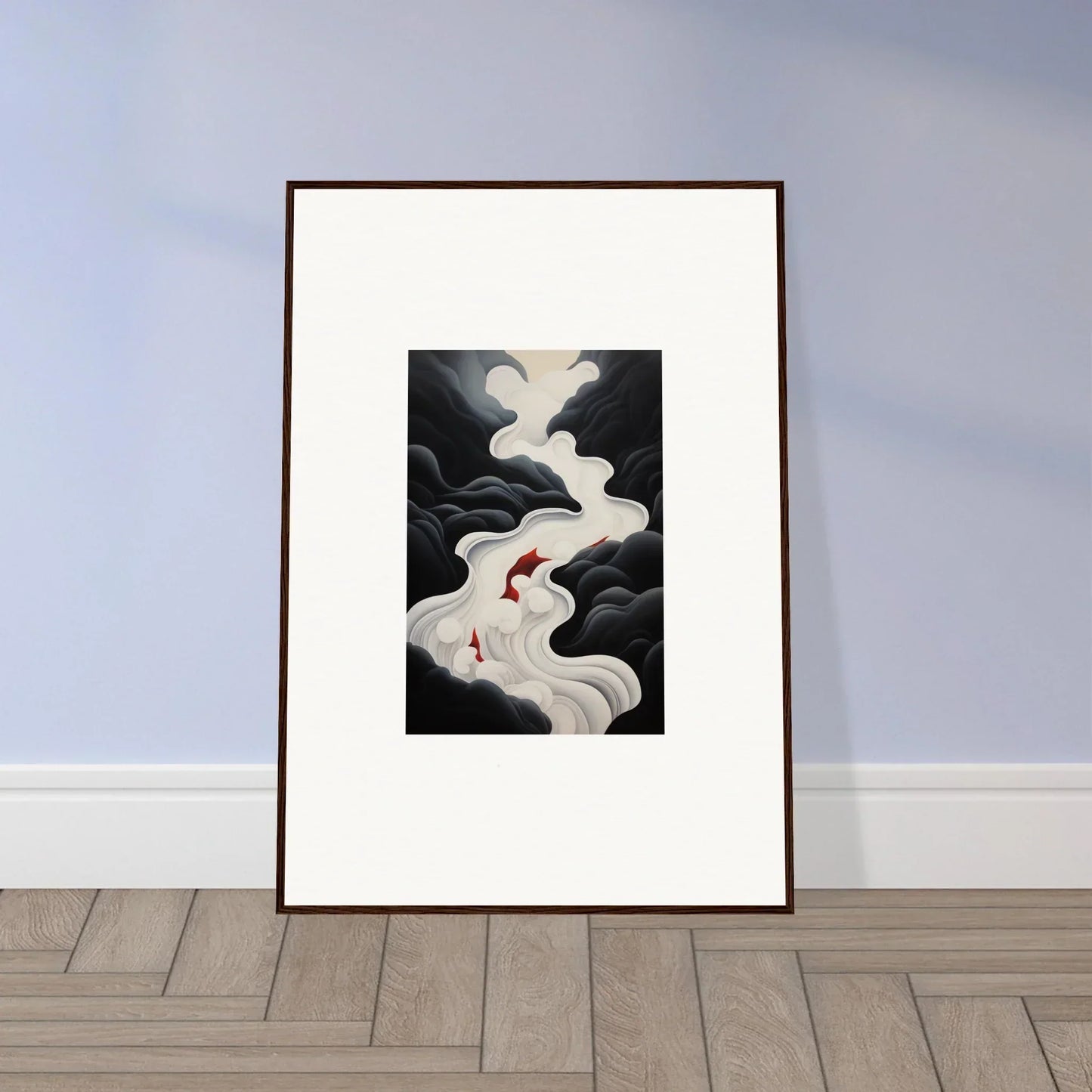 Framed wall art of a red crane in swirling clouds from Ethereal Flux Dream special edition art